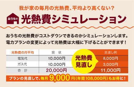 我が家の毎月の光熱費、平均より高くない？ おうちの光熱費シミュレーション：おうちの光熱費がコストダウンできるのかシミュレーションします。電力プランの変更によって光熱費は大幅に下げることができます！
						